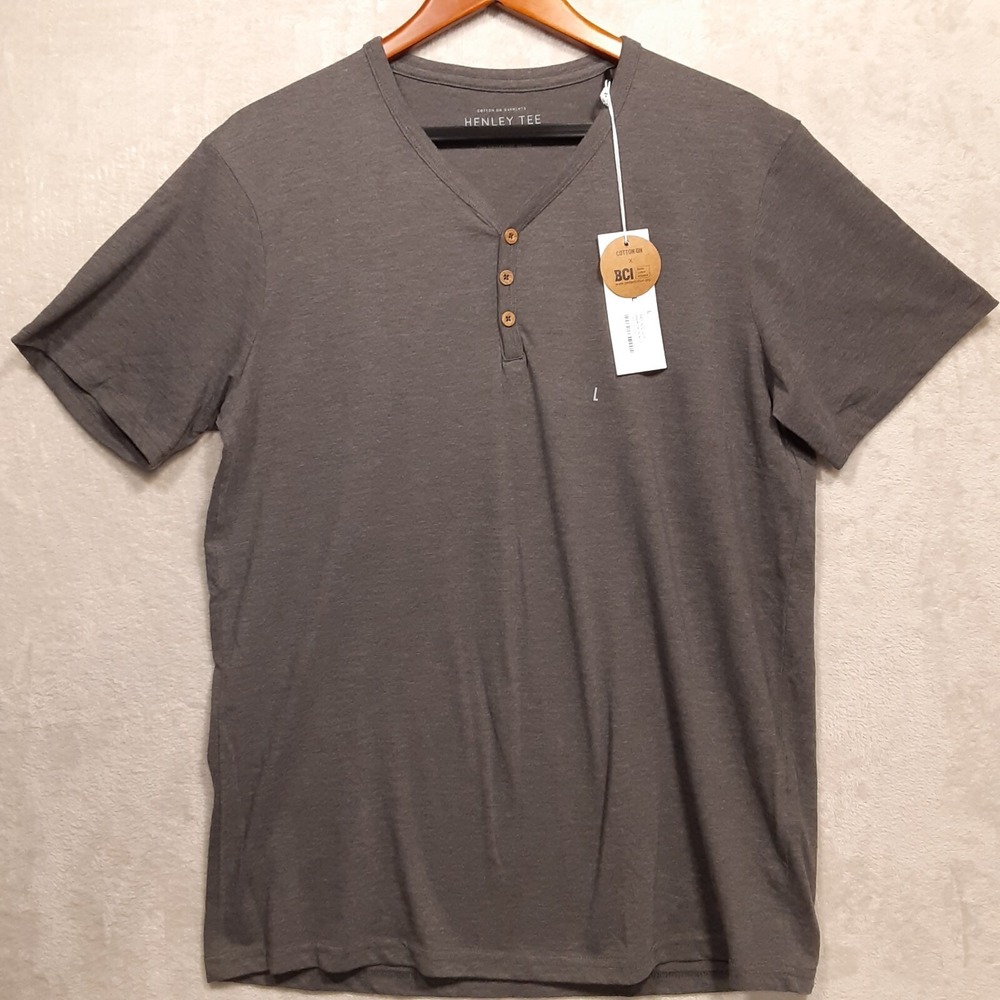 Cotton On Mens V-Neck Henley T-Shirt Sz.Large/Charcoal Marle/Gray/Henley Tee/New